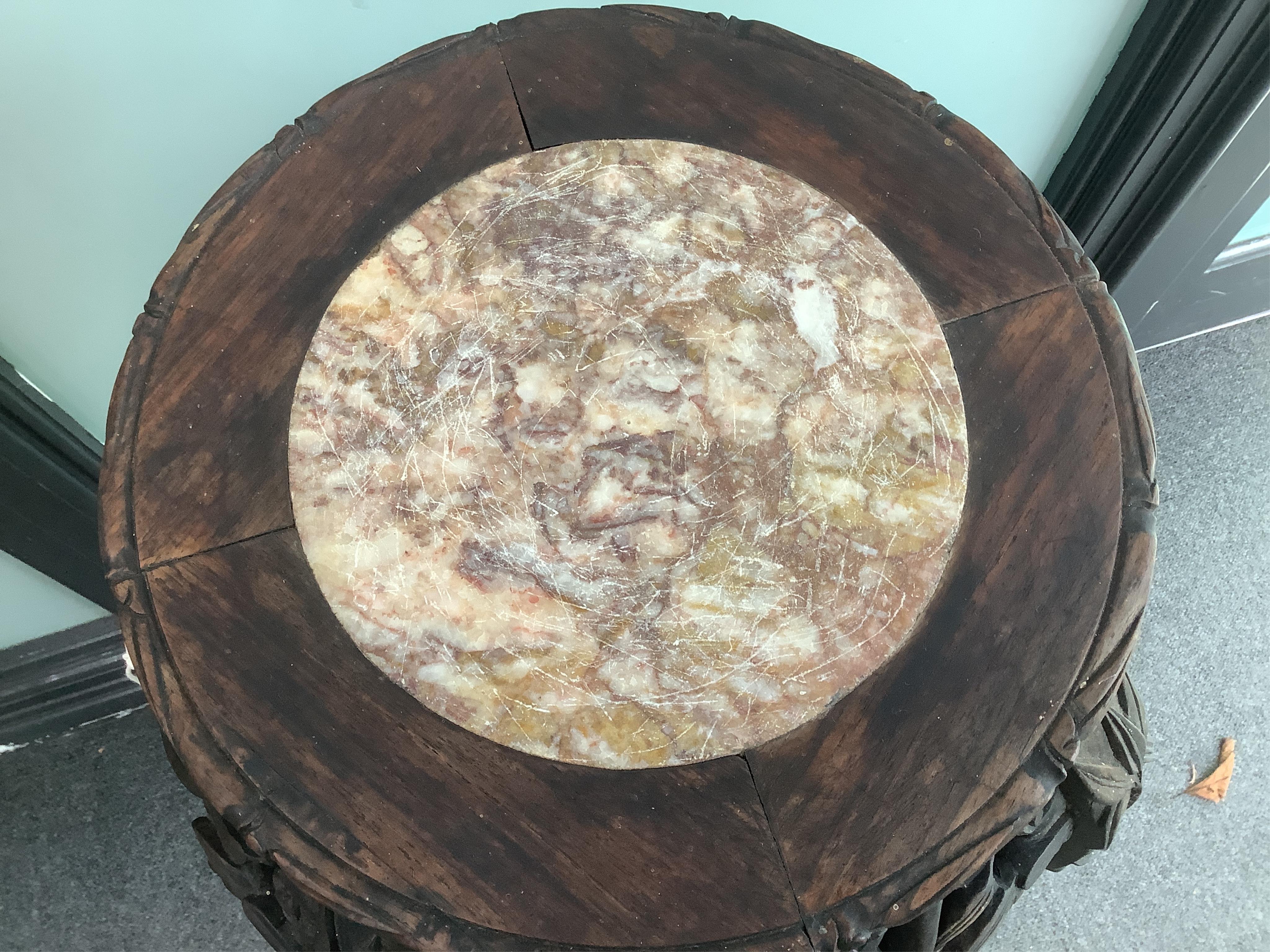 A Chinese carved hardwood marble top vase stand, height 92cm